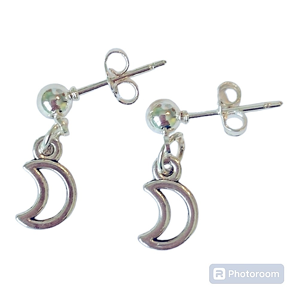 925 sterling silver plated small tiny ball stud half moon charm earrings - Picture 1 of 4